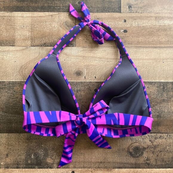 Purple Striped Swim Lined Triangle Halter Bikini Top Size 36DD - Picture 3 of 5